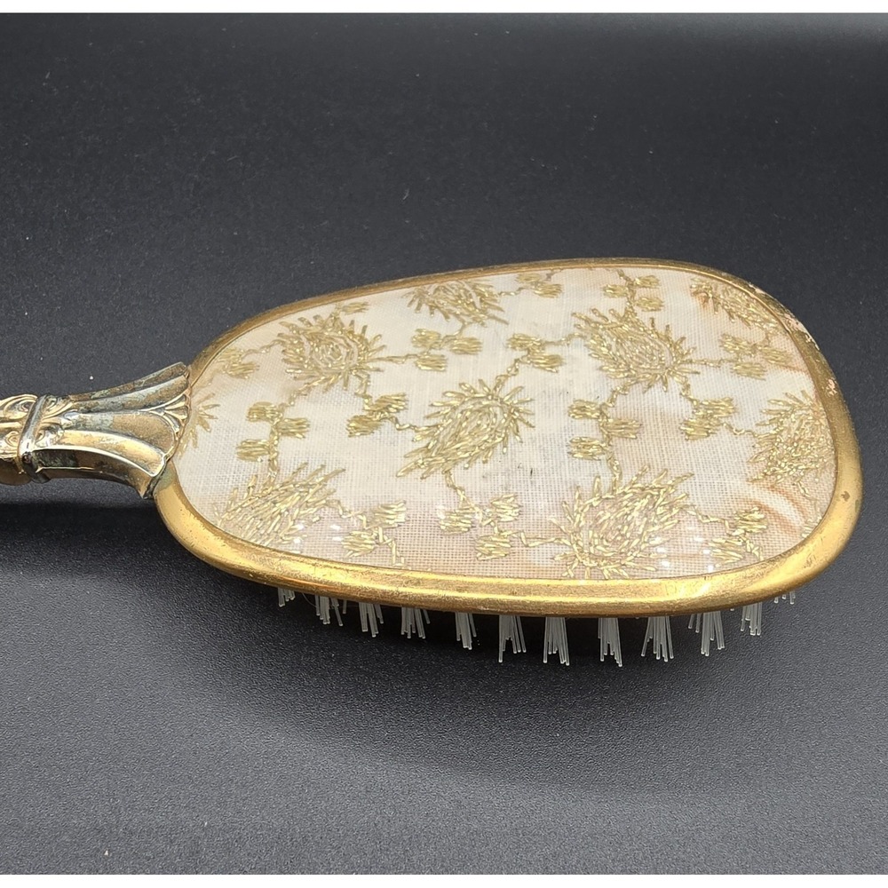 Vanity Vtg‎ Antique Nylon Hair Brush Gold Brass Tone USA